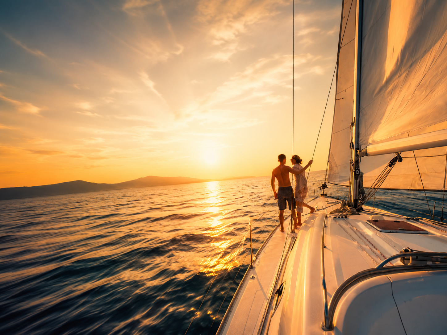 Couple sailing into a Chesapeake Bay sunset