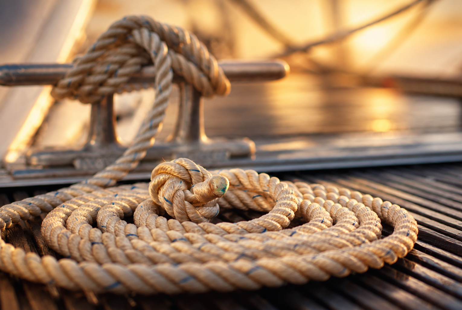 Close-up of sailing line and deck details aboard a captained charter