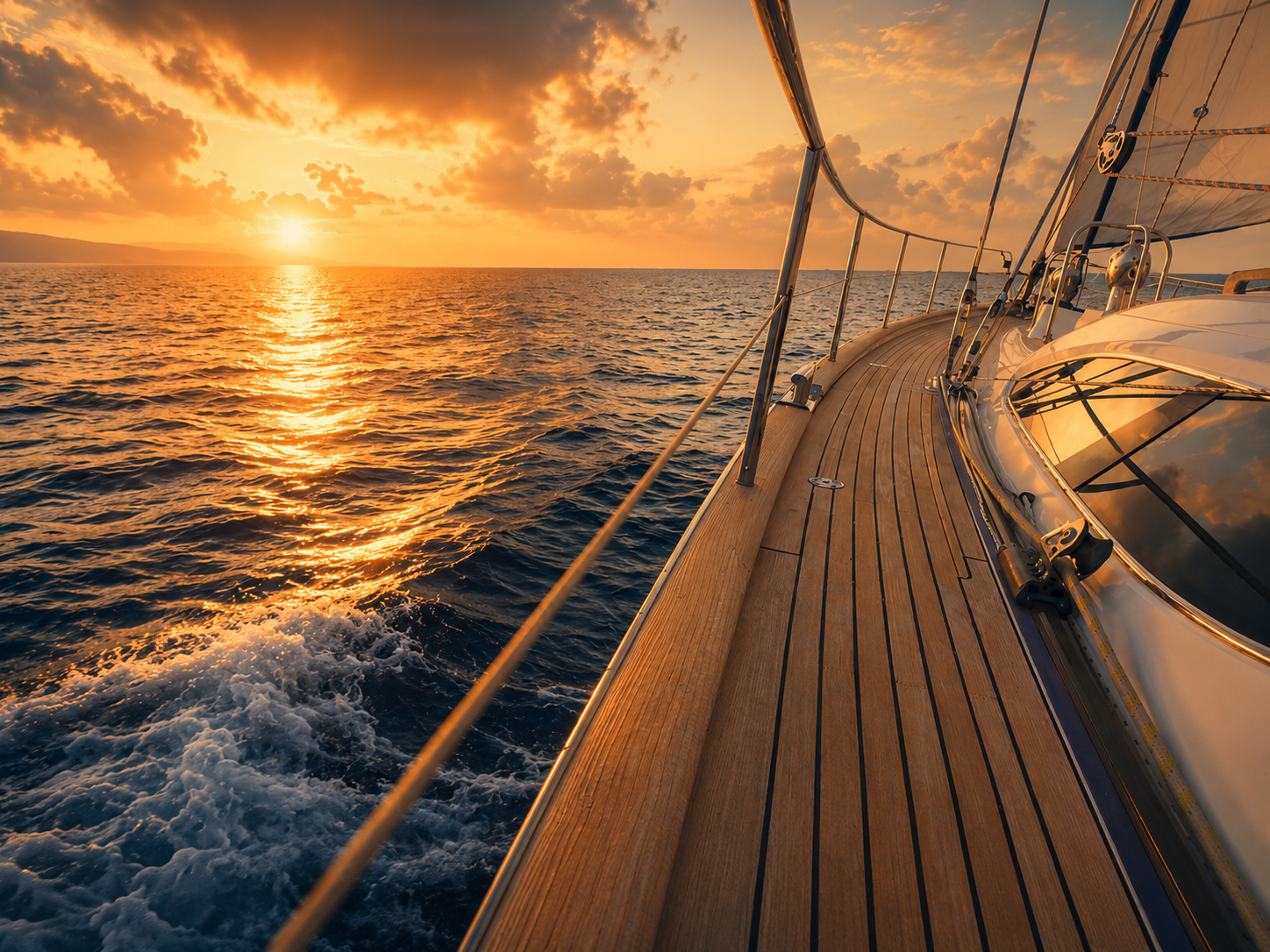 View along the deck during a private captained sail at sunset