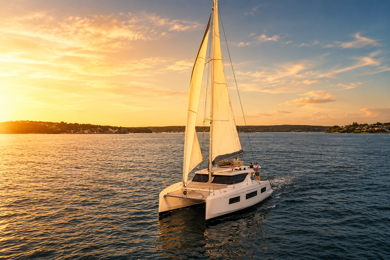 Aventura 37 catamaran sailing on the Chesapeake Bay at golden hour