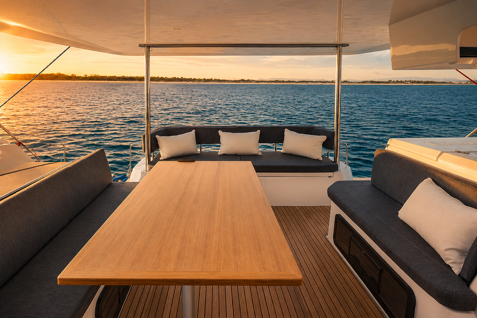 Shaded cockpit of the Aventura 37 with teak dining table and bay views at sunset