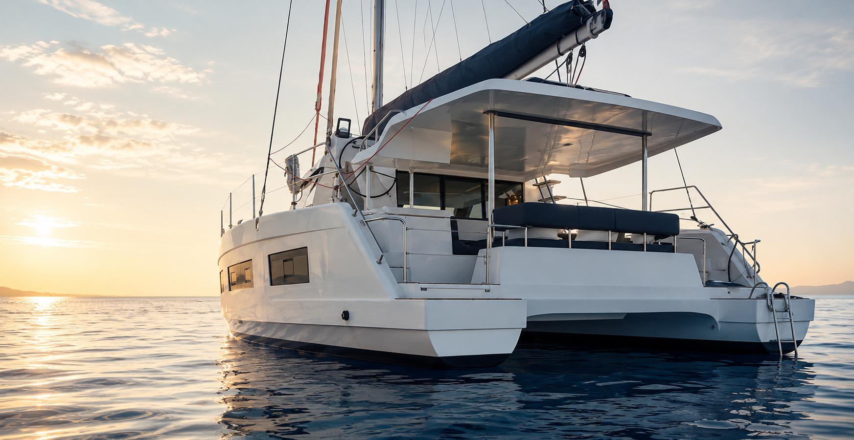 Aventura 37 catamaran anchored on calm water at sunrise