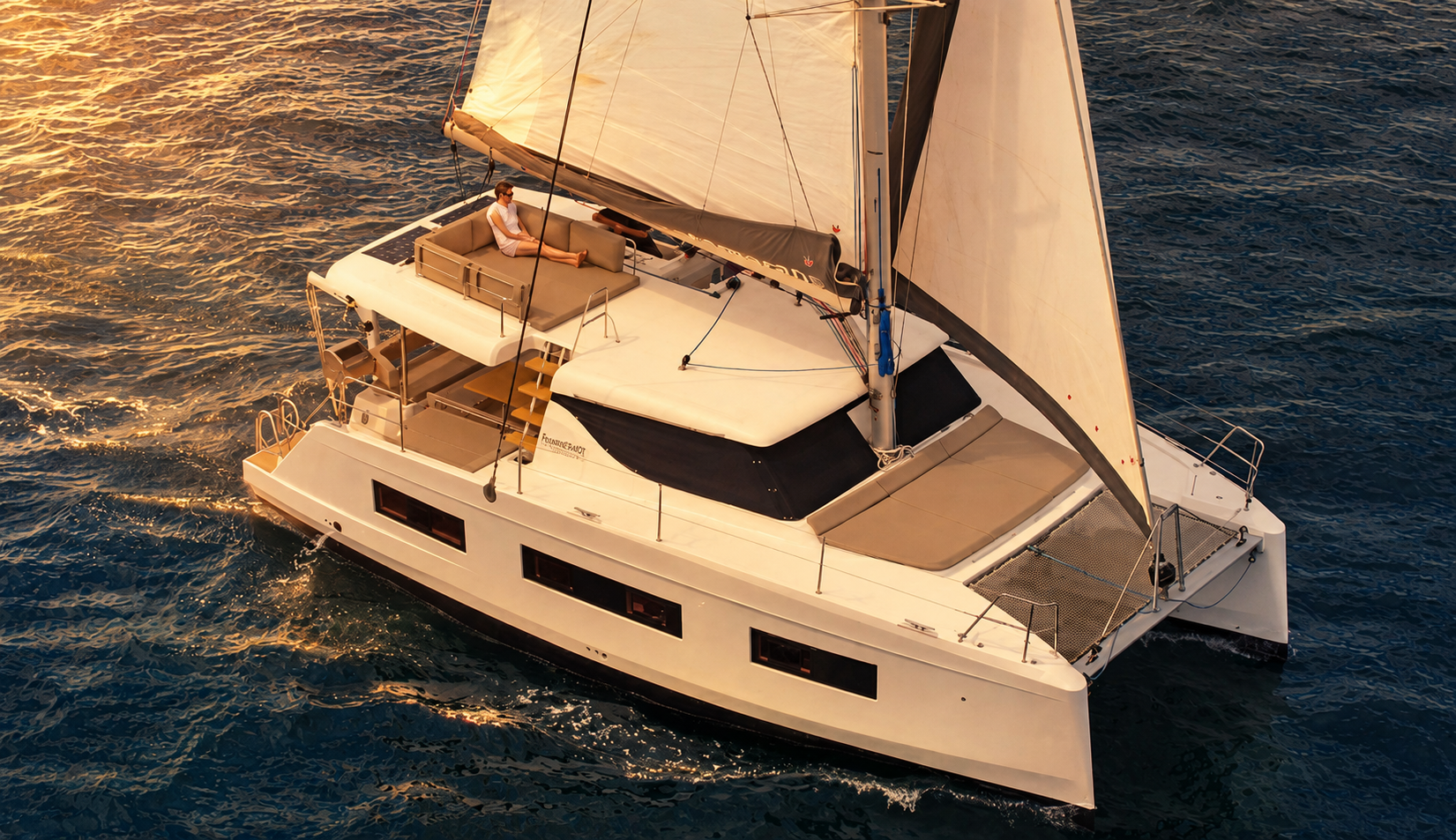 Guest relaxing on the flybridge of the Aventura 37 under sail at sunset