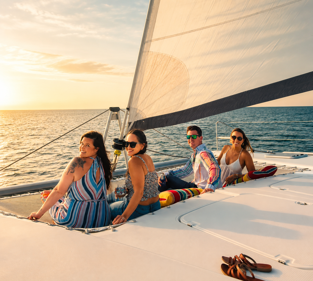 Four friends relaxing on the trampoline of a catamaran at sunset