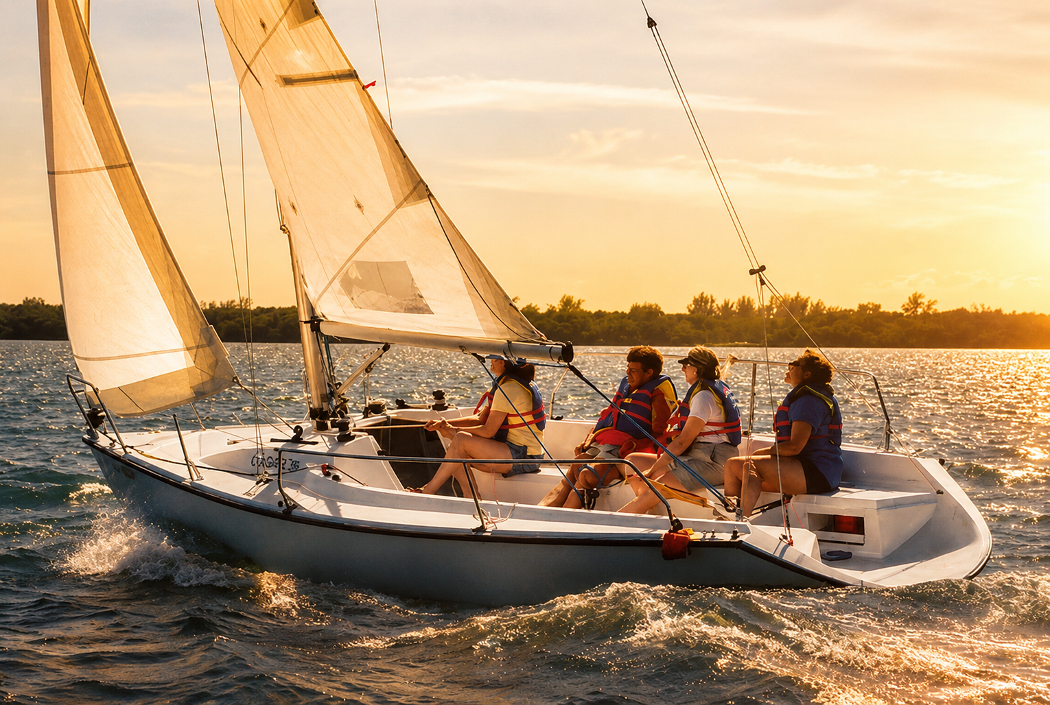 Friends in life vests sailing the Colgate 26 in golden afternoon light