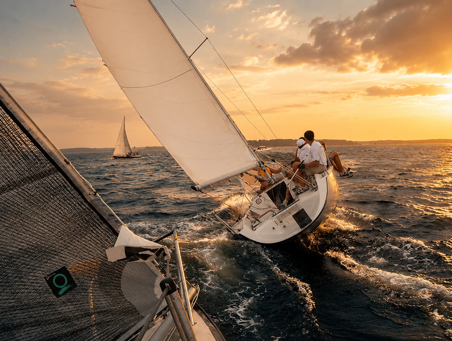 Colgate 26 heeling into the wind at sunset on the open bay