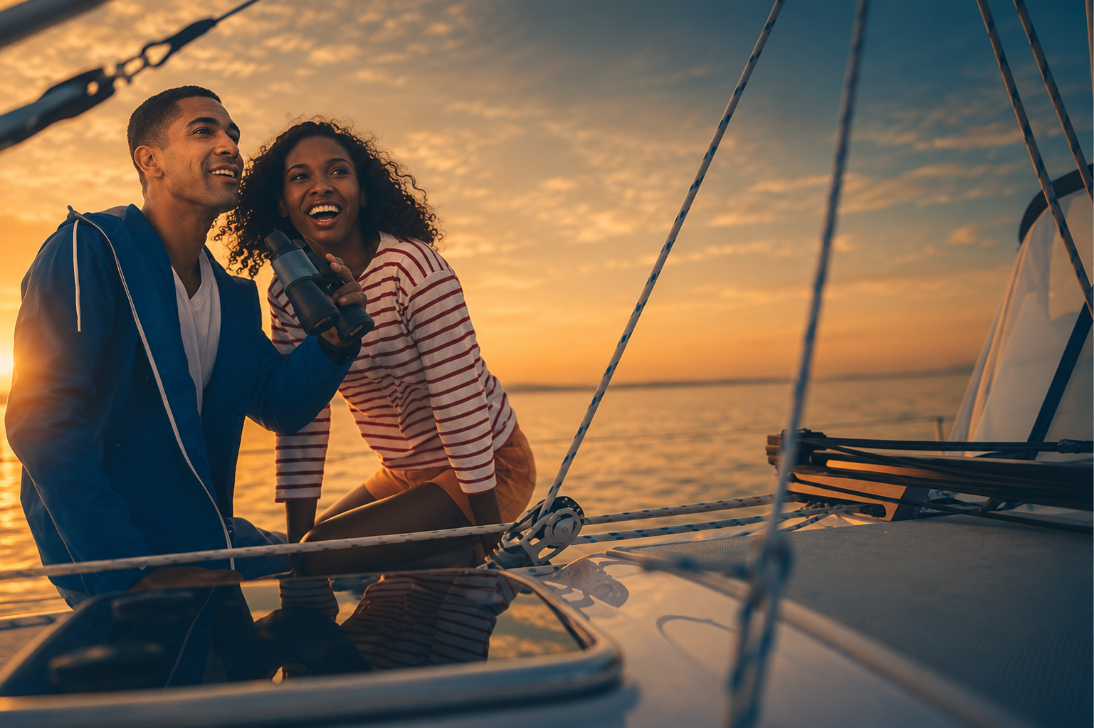 Couple laughing together with binoculars on a private sailing charter at sunset