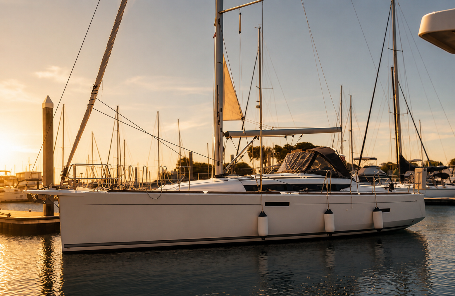 Jeanneau 38 docked at sunset in a Norfolk marina
