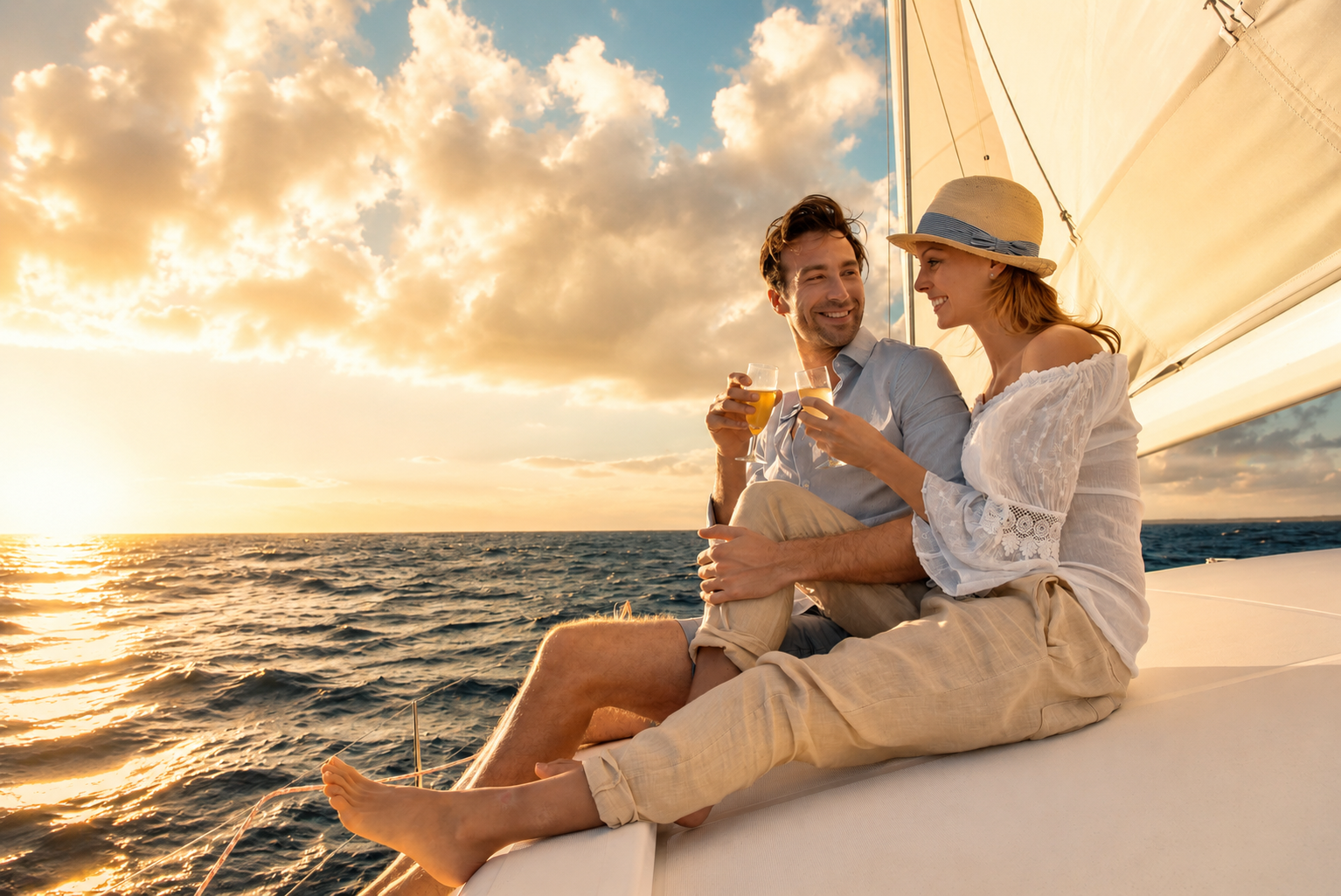 Couple toasting with wine on the bow of a sailboat at sunset
