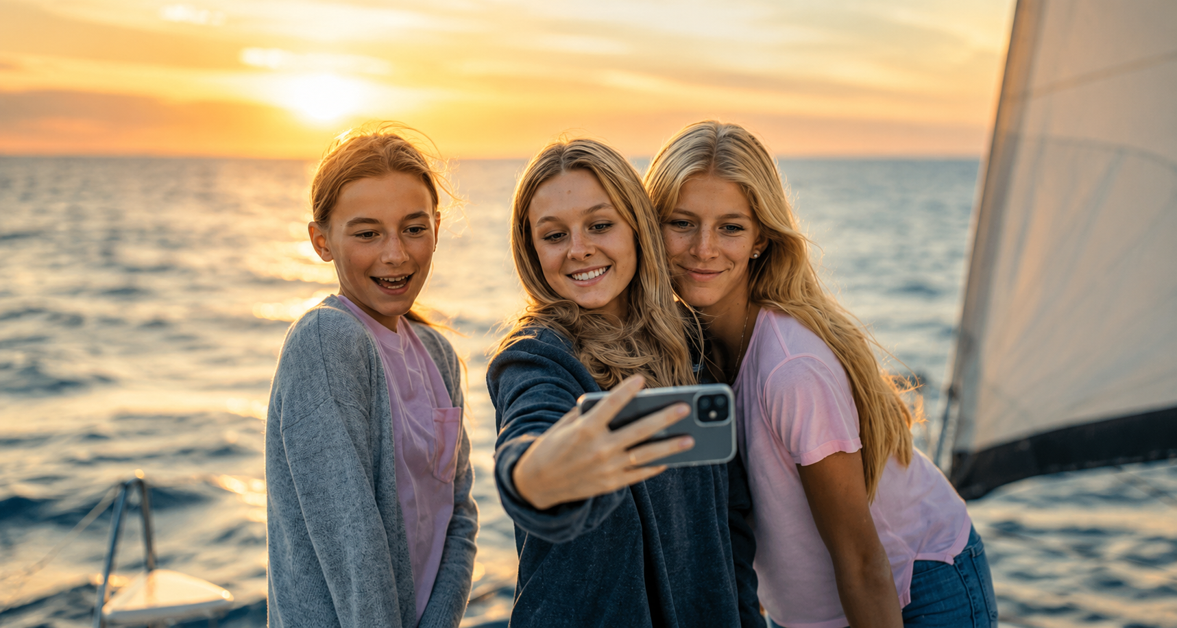 Three young friends taking a sunset selfie on a private Chesapeake Bay sailing charter